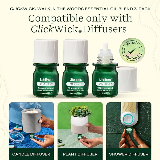 ClickWick Essential Oil Blends for Lifelines Diffusers, 3-Pack Walk in The Woods Set - Essential Oil Blend Refill for Candle, Plant & Shower Aromatherapy Diffuser - Fragrance for Diffusers
