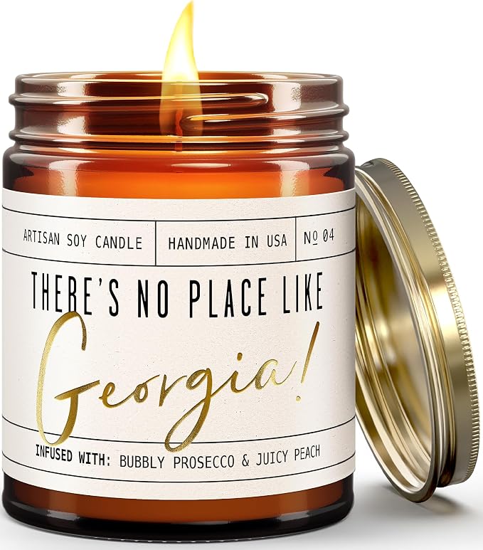 Georgia Gifts, Georgia Decor for Home - 'There's No Place Like Georgia Candle, w/Bubbly Prosecco & Juicy Peach I Georgia Souvenirs I Georgia State Gifts I 9oz Jar, 50Hr Burn, USA Made