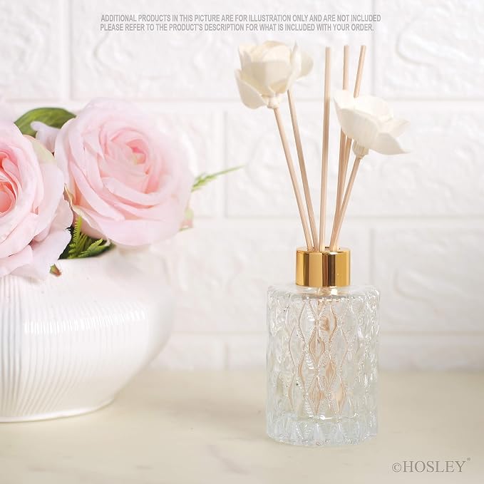 Hosley Set of 4 Mid Century Modern Glass Diffuser Bottles 4 Inch High. Ideal for Use with Essential Oils Replacement Diffusers Reed Sticks DIY Crafts O3 Gold