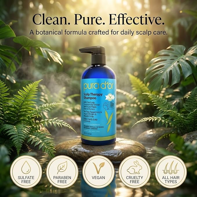 PURA D'OR Scalp Therapy Shampoo Hydrates & Nourishes Scalp - Scalp Shampoo For Itchy Flaky Scalp w/Tea Tree, Peppermint, Patchouli, Cedarwood, Clary Sage, Argan Oil, Tea Tree Peppermint Scent 16 Oz