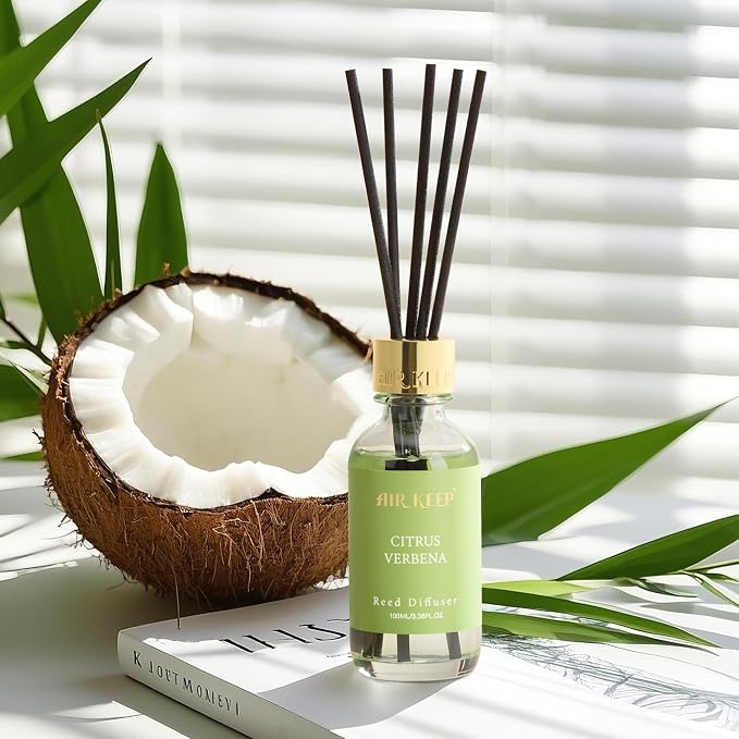 Airkeep Reed Diffuser Set, 3.38 fl oz (100 ml) - Cirtus Verbena Oil Diffusers with 8 Reed Sticks, Home Fragrance Reed Diffuser for Bathroom Shelf Decor