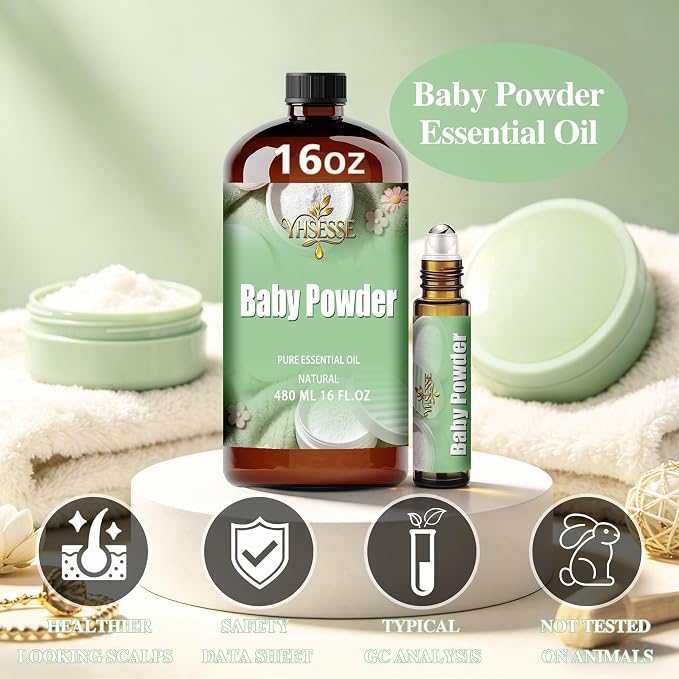 Baby Powder Fragrance Oil, Baby Powder Oil 16 Fl Oz 480ml for Diffuser Yoga Soap & Candle Making – with 0.33 Oz Roller Ball & Funnel YHSESSE Essential Oils