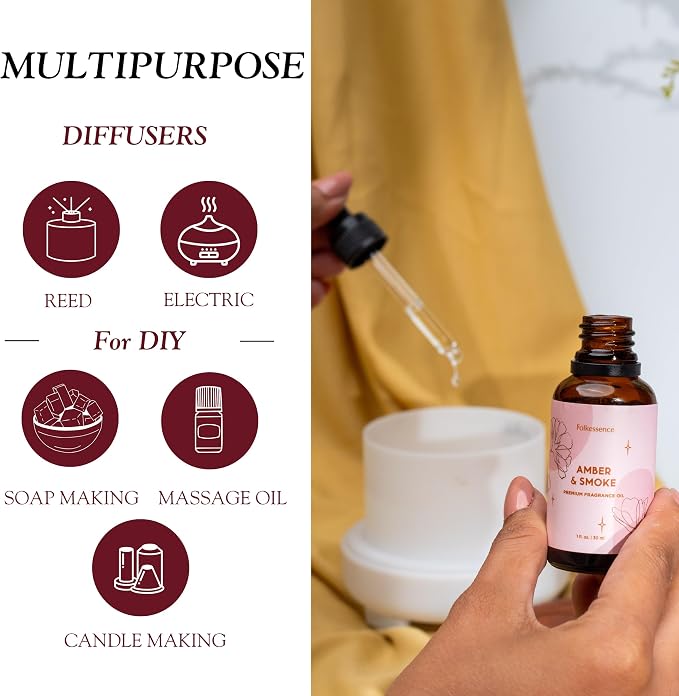 Folkulture Woody Essential Oil Blend | 30 ml - 1.01 Fl Oz Sensual Aromatherapy Oil with Dropper | Premium Home Fragrance Diffuser Oil for Relaxation, Gift for House Warming | Amber & Smoke
