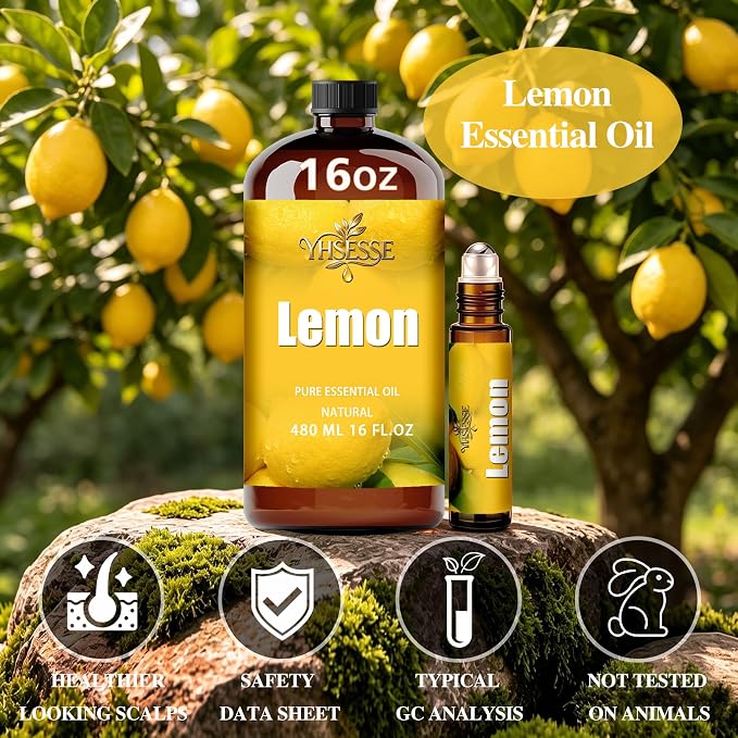 Lemon Essential Oil, Lemon Oil 16 Fl Oz 480ml for Diffuser Yoga Soap & Candle Making – with 0.33 Oz Roller Ball & Funnel YHSESSE Essential Oils