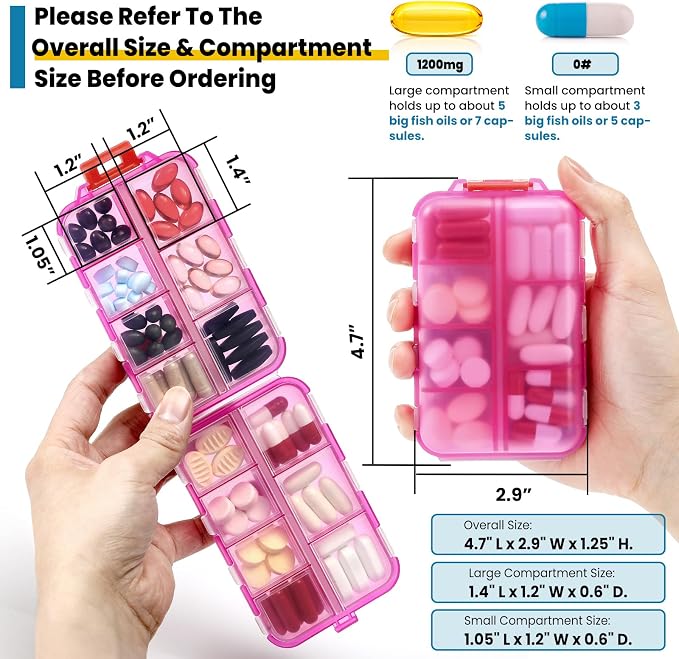 14 Grids Travel Pill Organizer Box with 415-Pcs Medicine Name Labels - Pocket Daily Pharmacy Case Container Kit - Travel Medication Holder Dispenser for Fish Oil Vitamin Supplement Storage -Clear Pink