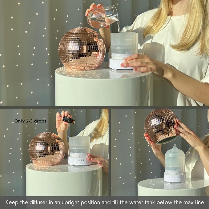 Disco Ball Diffuser Rotating - 300 ML Oil Diffuser Essential Oils, Quiet Oil Diffusers, Night Light and Timer, Disco Ball Table Decor, Plant Room Decor | Aromatherapy Diffuser for Large Room Rose Gold