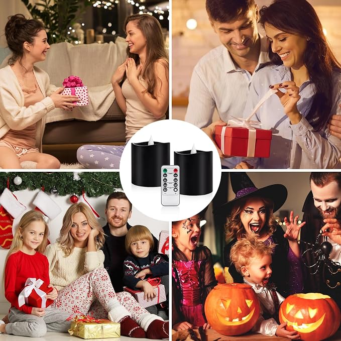 Black Flameless LED Candles, Black Battery Operated Candles with Remote Timer, 3"x3" Real Wax 2-Pack, 3D Flickering Flame Last 600+ Hours, Ideal for Halloween Christmas Gothic Home Decor