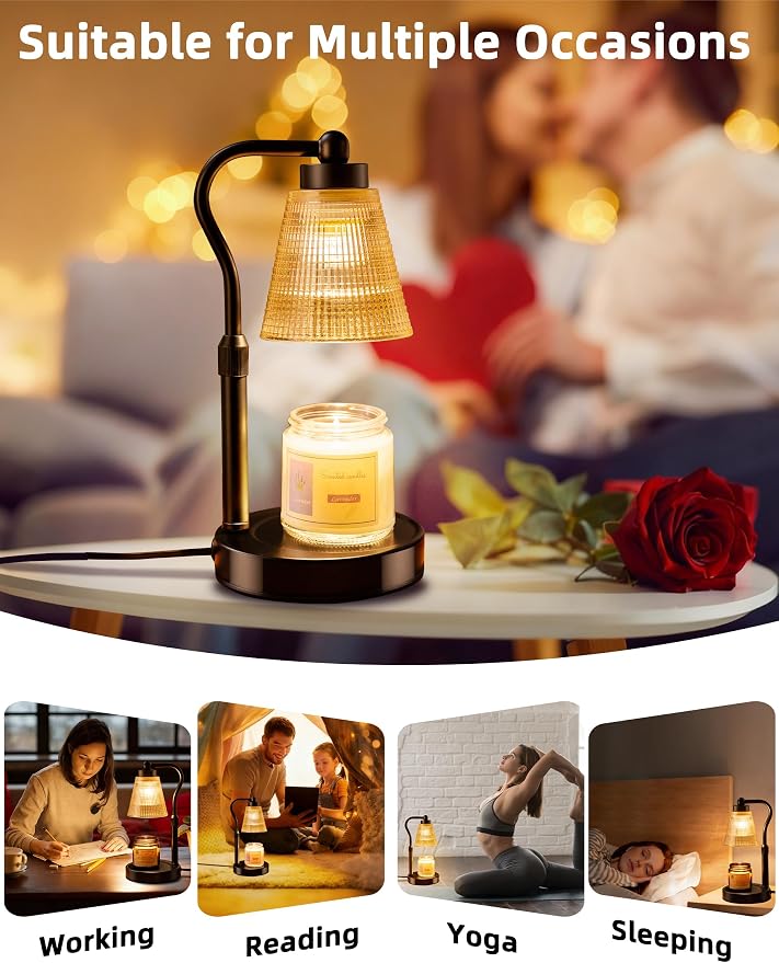 Candle Warmer Lamp for Jar Candles, Height Adjustable & Dimmable with 2/4/8H Timer, 2*50W Halogen Wax Melter Warmer for Home Office Décor, Flameless & Smokeless, Gift for Women Mom, Black-Amber/1 Pack