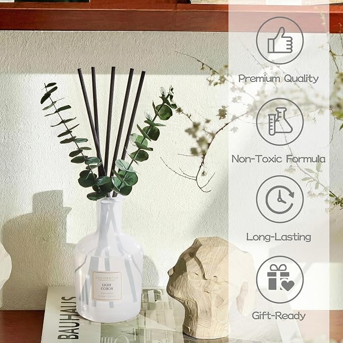 COCORRÍNA Light Cotton Reed Diffuser – 6.76 oz Essential Oil with 8 Reeds & Real Eucalyptus Sticks, Home Fragrance for Bedroom or Bathroom Décor