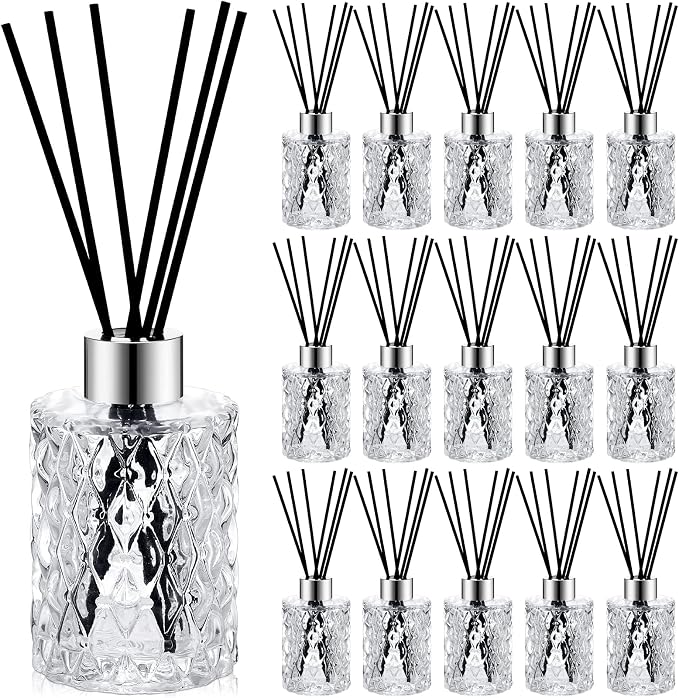 Norme 16 Set Empty Reed Diffuser Bottle Set with Stick, 150ml/5oz Clear Diffuser Glass Jars with Black Rattan Reed & Cap, for DIY Essential Oil, Fragrance, Home Fragrance, Bulk (Silver)