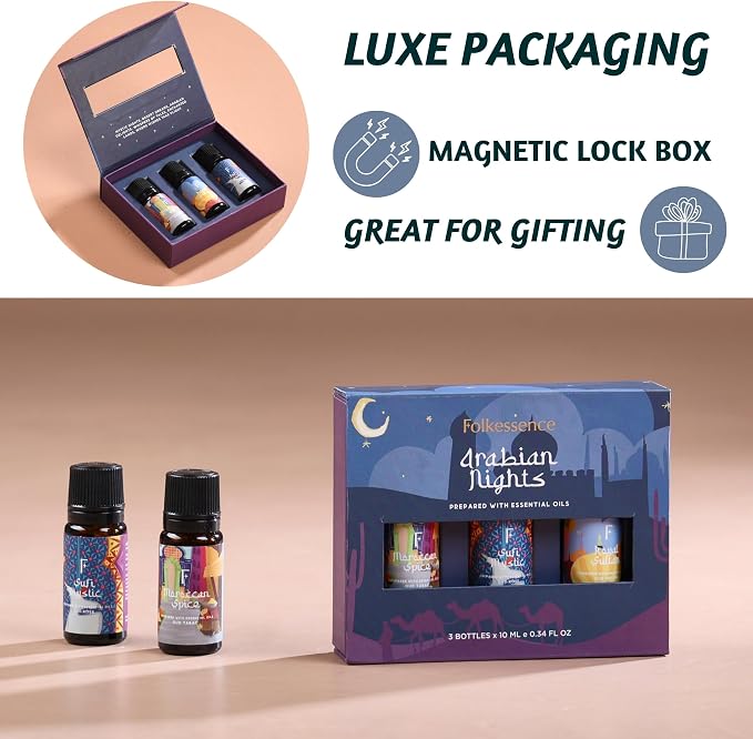 Folkulture Essential Oils Set for Diffuser | Pack of 3 Exotic Aromatherapy Oils | Oud Rose, Oud Tobacco & Amber Scents | Home Fragrance Gift Set for Relaxation & Eid Gifts | Arabian Nights