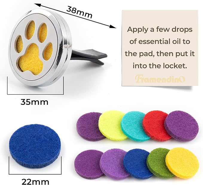 Framendino, 1 Pack Dog Paw Print Essential Car Oil Diffuser Aromatherapy Vent Clip Stainless Steel Air Freshener Lockets for Men Women Gifts Silver