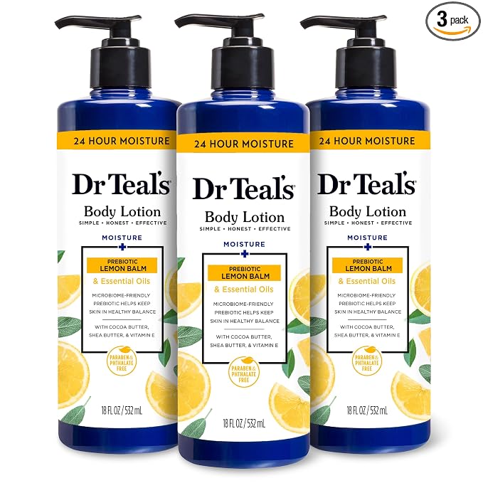 Dr Teal's Lemon Prebiotic Body Lotion with Lemon Balm & Essential Oils, 24-Hour Moisture, 18 fl oz (Pack of 3)