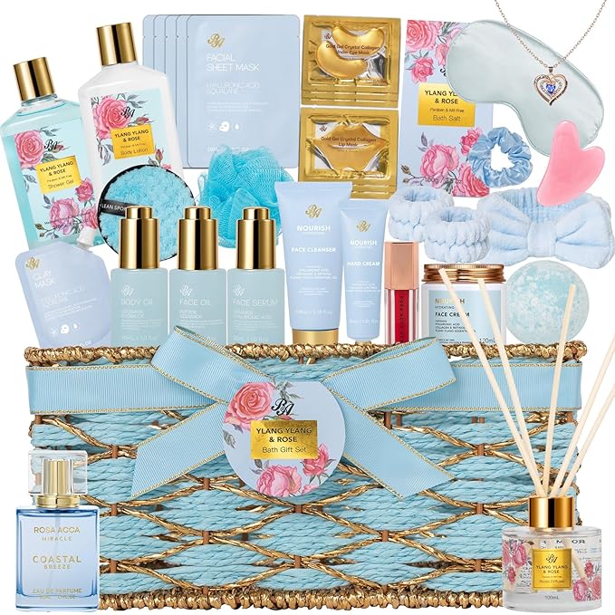 35 Pcs Mothers Day Gift for Mom, Bath & Body Gift Baskets Set for Women, Face Skin Care Kit, Spa Basket Gift Set, Self-Care Relaxation Gift, Home Spa Basket, Necklace, Birthday, Christmas, Anniversary