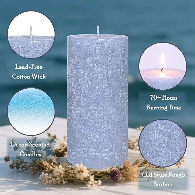 Ocean Scented Candles, Gray Blue Pillar Candles Set of 3 Tall in 3X6 Inch, Long Clean Burning Smokeless & Dripless Aromatherapy Candles for Home Decor
