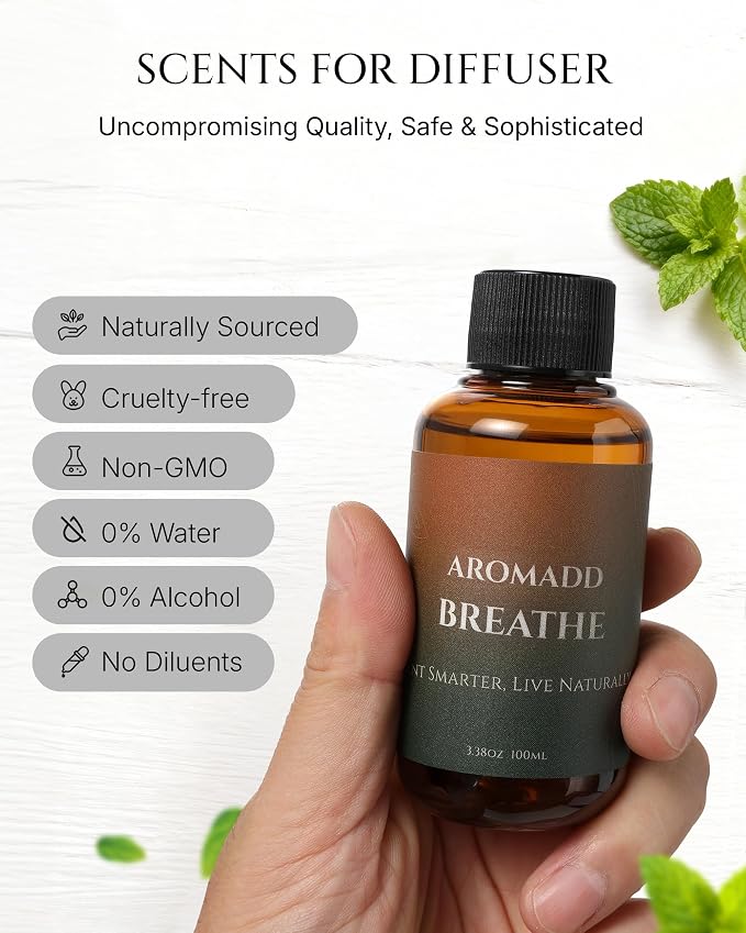 AROMADD Breathe Diffuser Oil 3.38 Fl Oz (100ml), Light Aroma Diffuser & Hotel Fragrance Diffuser Oil, Essential Oil Ideal for Anyone Who Loves a Fresh Scent Without Heavy Fragrance