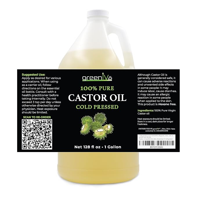 GreenIVe 100% Pure Castor Oil – Cold-Pressed, Hexane-Free – Hair, Eyebrows, Eyelashes, Skin Moisturizer, Castor Pack Wrap Oil Bulk Bottle (1 Gallon) | Cold-Pressed, USP Grade, Hair, Eyebrows, Eyelashes, Skin Moisturizer, Castor Pack Wrap Oil Bulk Bottle