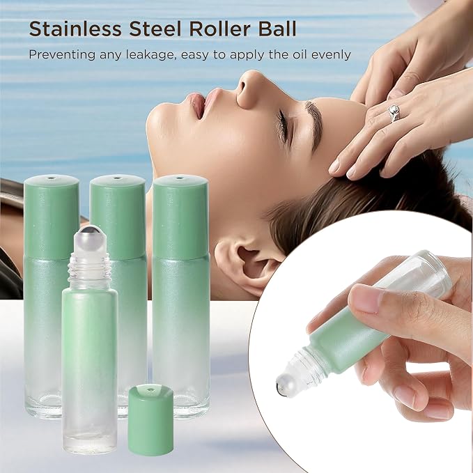 SESENSE Essential Oil Roller Bottles, 10ml Thick Glass Perfume Roller Bottles with Funnel Opener and Dropper Colored Glass Empty Bottles with Stainless Steel Roller Balls (Green, 4 Pack)