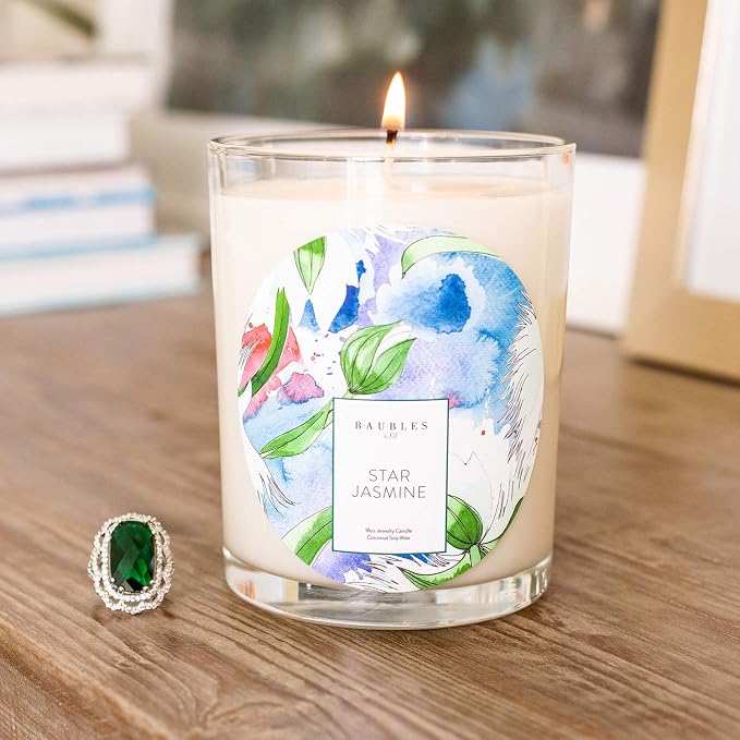 Kate Bissett Baubles Star Jasmine Scented Premium Candle and Jewelry with Surprise Ring Inside | 18 oz Large Candle | Made in USA | Parrafin Free | Size 09