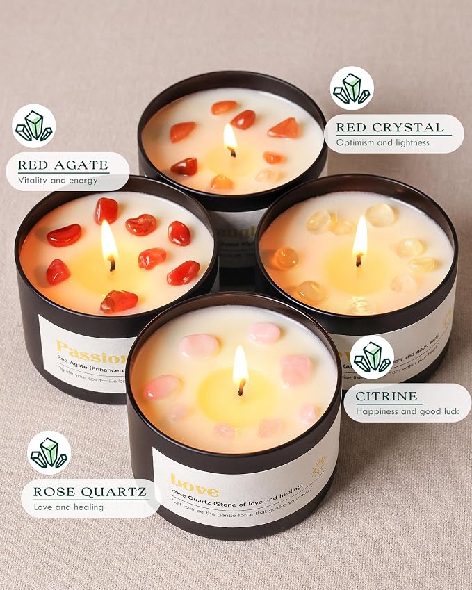 AOOVOO Crystal Energy Candles Set for Women - 4 Pack 26 oz Soy Wax Candles for Home Scented, 200 Hour Long Lasting Candle, Laughter Red Crystal/Love Rose Quartz/Joy Citrine/Passion Red Quartz