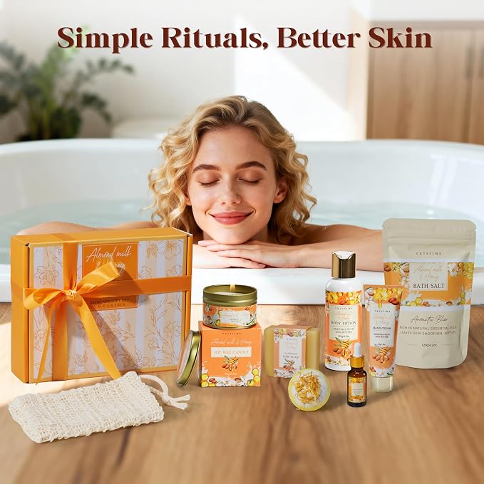 Birthday Gifts for Women, Almond Milk & Honey Relaxing Spa Gift Baskets for Women, Self Care Gifts Home Bath and Body Gifts Set for Mom, Girlfriend, Sister, Female Friends, Coworker