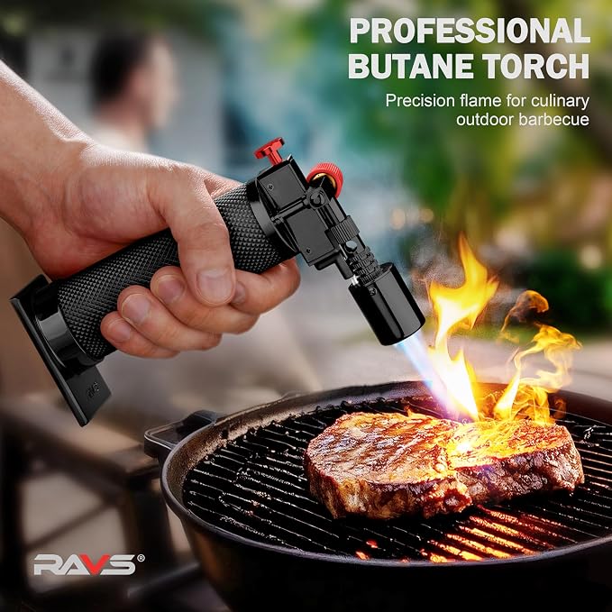 RAVS Butane torch, Kitchen Torch Lighter with Adjustable Flame & Safety Buckle, Creme Brulee Torch for Cooking, Dessert, Baking, Gifts for Men and Women (Black/Red), Butane Gas Not Included