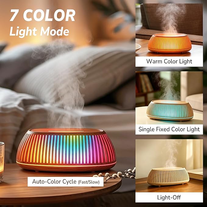 Flame Essential Oil Diffuser 150ml, Ultrasonic Aromatherapy Diffuser with 7 Color Lights, 1/2/4H Timer, Auto Shut-Off for Home Office Bedroom (Wood)