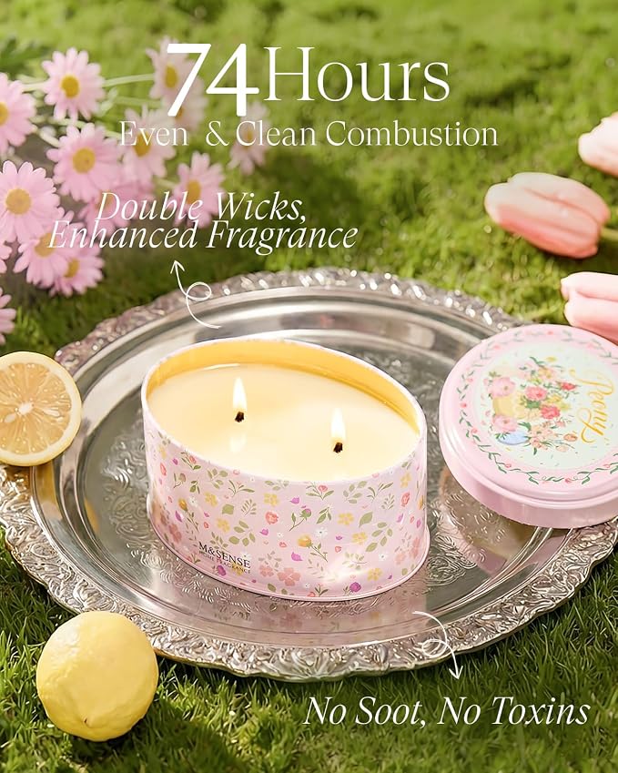 M&SENSE Dual-Wick Peony Scented Candle 12oz | 2 Wick Spring Soy Candles, Natural Soy Wax, Floral Scented, Gift for Her Women