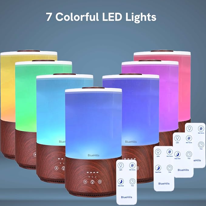 BlueHills Premium 4000 ml Tall Essential Oil Diffuser 4L 4 Liter 50 Hour Run with Remote Timer Aroma Humidifier 1 Gallon Big Capacity High Mist Output for Large Room Lights Dark Wood Grain XL T402