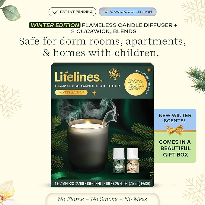 Lifelines Flameless Candle Diffuser - Winter Edition Gift Set - Aromatherapy Essential Oil Diffuser with 2 Holiday ClickWick Blends - Cordless & Waterless for Home - Electric Candles Blow Out Flame