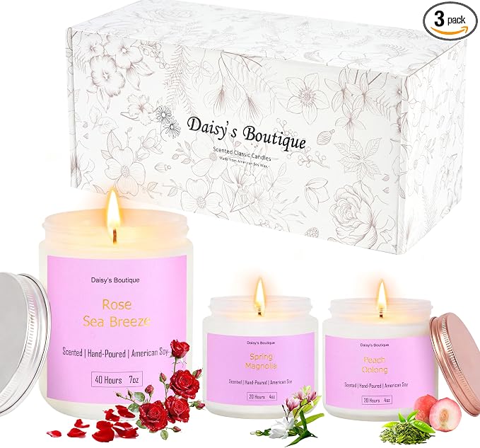 3 Pack Scented Candles for Home Aromatherapy Candle Gift Set Soy Wax Long Lasting Gift Birthday Mother's Thanksgiving Day Present (White Jar (Peach Oolong + Rose + Magnolia)