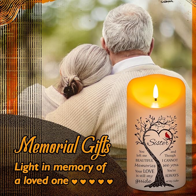 Flameless Memorial Candle for Loss of Sister, Real Wax LED Light with Remote Sympathy Bereavement Gifts for Loss of Loved One Memorial Gifts for Loss of Sister (4" x 7")