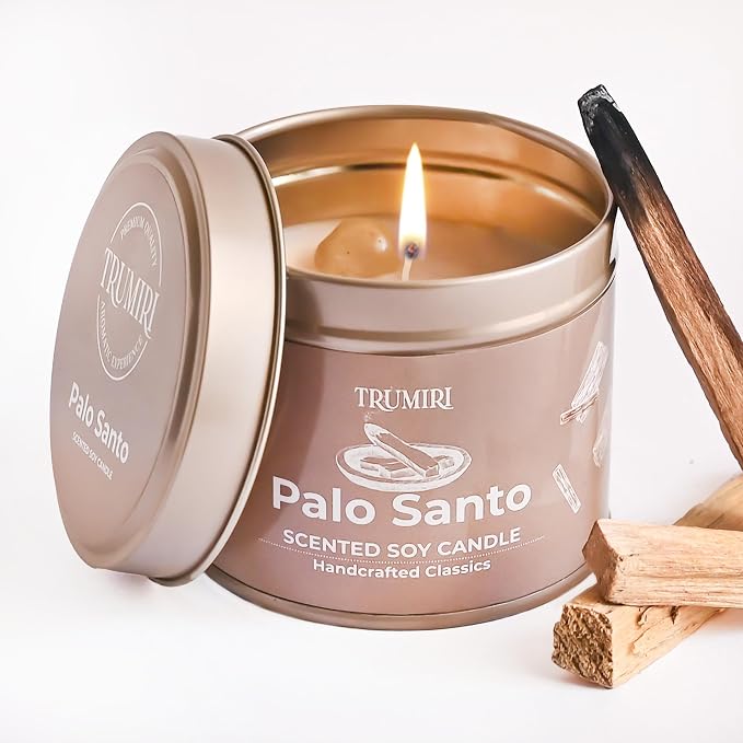 Palo Santo Candle for Home - Highly Scented with Citrine Crystals - 5oz Soy Wax Organic Non Toxic for Aromatherapy Relaxation Meditation - Room Decor for Men - New House Essentials - Pet Safe Candel