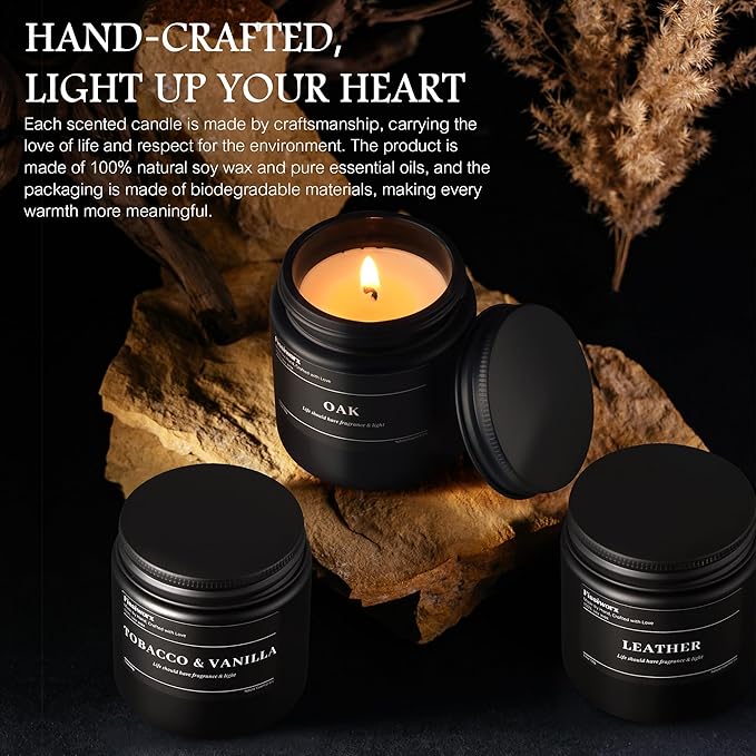 FISSIWORX 9 Pack Scented Candles Set Gifts for Men, Aromatherapy Candle Set with Scents (Leather/Vanilla/Oak) - Gift for Dad, Boyfriend, Birthday, Father’s Day, Anniversary