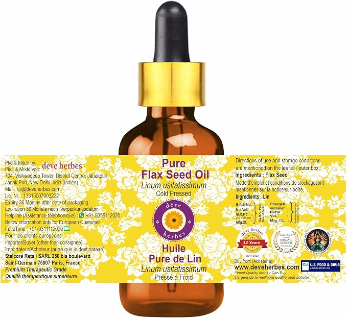 dève herbes Flax Seed Oil (Linum usitatissimum) with Glass Dropper | Cold Pressed | Pure | Natural | for Diluting Essential Oils | Skin & Massage | Non-Sticky | Lightweight | Unisex | 15ml (0.50 oz)