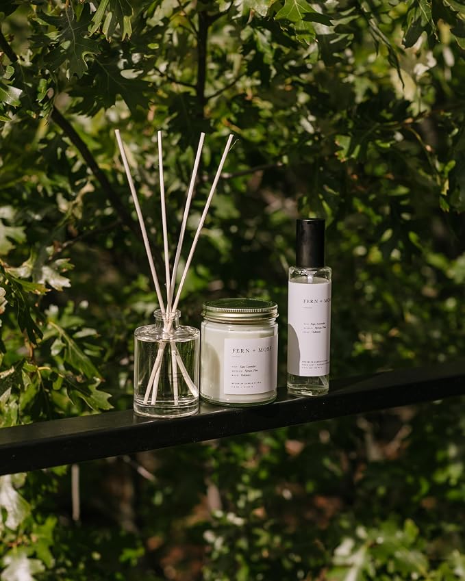 Brooklyn Candle Studio Reed Scent Diffuser - Fern & Moss - Relaxing Oil Diffuser, Sage, Lavender & Pine Fragrance, 8 Rattan Diffuser Reeds, Clean Ingredients - 4.4oz
