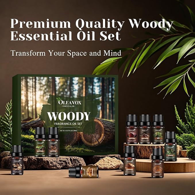 Woody Essential Oils Gift Set, 10x５ML Premium Wood Fragrance Oil　for Candle & Soap Making, Diffuser, Sandalwood, Teakwood, Forest Pine, Cedarwood, Cypress and Frankincense More Aromatherapy Oils