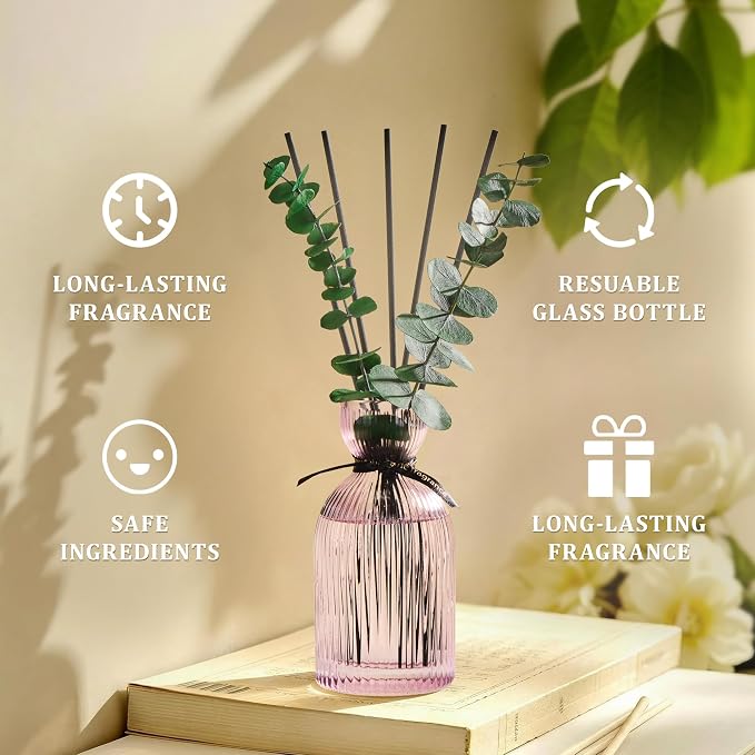 Airkeep Reed Diffuser Set 6.76 oz – Cherry Blossom Decorative Home Fragrance with Eucalyptus Sticks, Ribbed Glass Diffuser for Bathroom & Bedroom Décor, Gift Ready