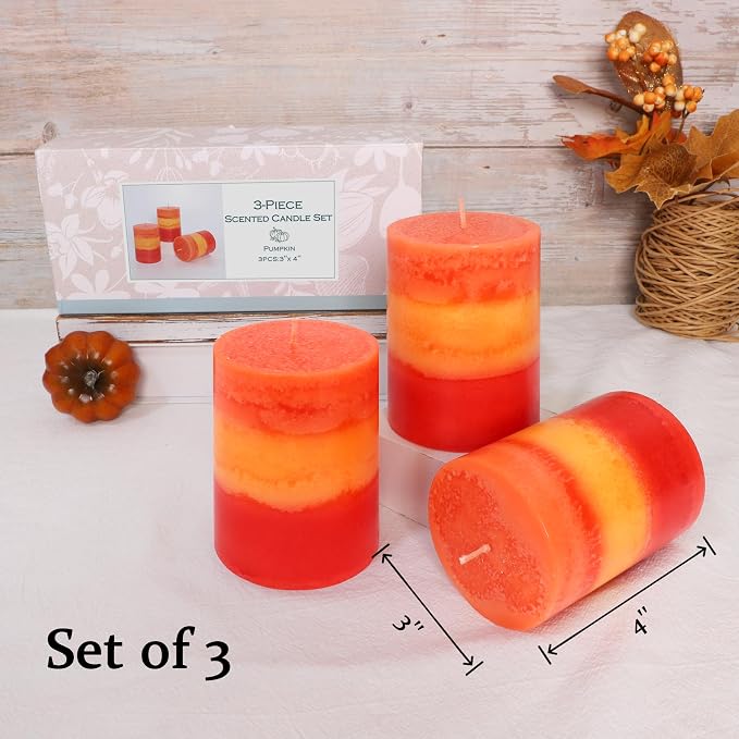 3×4 Inch Orange Pillar Candles, Pumpkin Scented Candles - 35+ Hour Long Lasting Clean Burning, Fall Harvest Celebration Aromatherapy Candles for Thanksgiving Day Dinner Table Décor, Set of 3