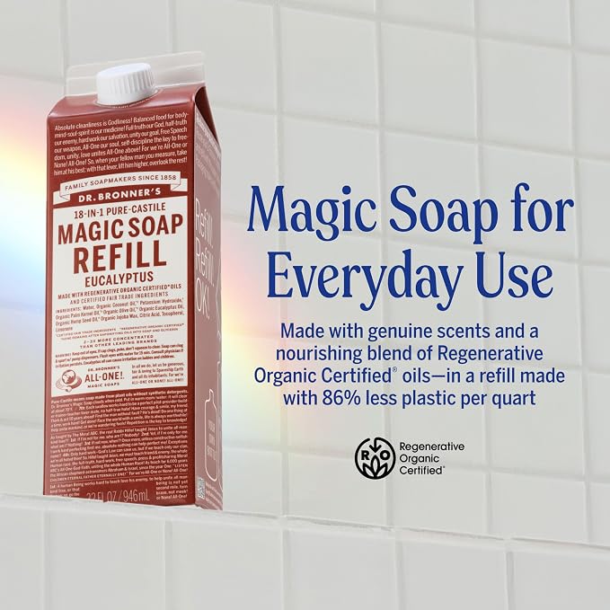 Dr. Bronner's Magic Soap-Pure-Castile Liquid Refill (Eucalyptus, 32 ounce, 2-Pack) - Regenerative Organic Certified Oils, For Body, Hair, Laundry, Pets & Dishes, Concentrated, Vegan, Non-GMO