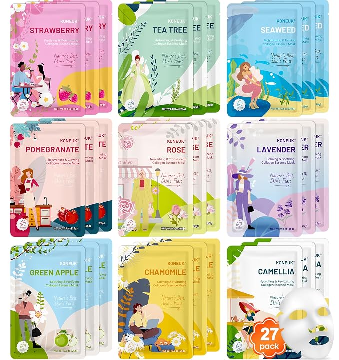KONEUK 27 Pack Collagen Sheet Face Masks Skincare for Women, Bulk Hydrating Face Mask Set for Dry Skin, Moisturizing Facial Masks for Skin Care, Spa Party Supplies and Bulk Gifts for Women