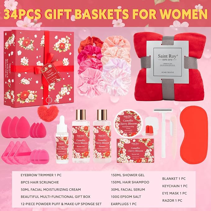 35 Pcs Valentines Day Gift for Women, Cherry Blossom Rose Bath and Body Basket Gift, Face Skin Care Kit, Home Spa Self Care, Lip Gloss, Birthday, Christmas, Mother, Bridal Shower, Anniversary