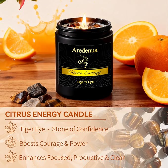 Crystal Candle with Tiger Eye Healing Crystals, Citrus Aromatherapy Candle for Confidence, Natural Soy Wax Scented Candle with Real Gemstone, 7oz Long Burning, Motivational Chakra Gift