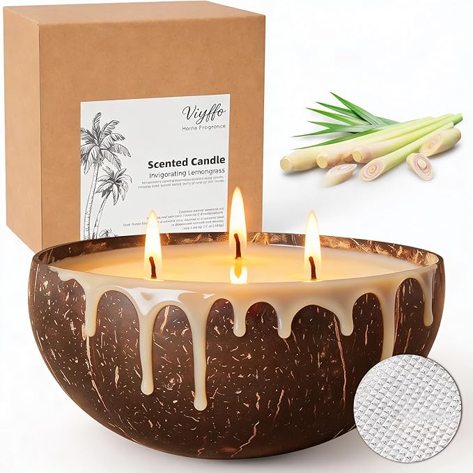 Viyffo Large Lemongrass Citronella Candles Outdoor, 3 Wick 18oz Citronella Candle Indoor, Non Toxic Soy Scented Candle, Natural Coconut Shell Jar for Patio, Garden, Backyard & Camping Décor & Gift