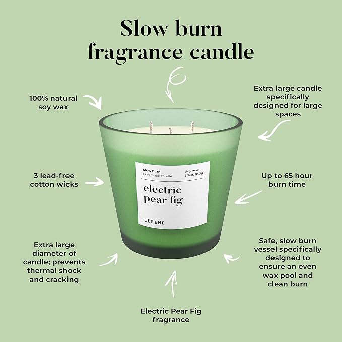 Hidden Label Electric Pear Fig Scented Candle, 30oz Large 3 Wick Natural Soy Wax Candle, 120 Hours Slow Burn Aromatherapy Candle for Home, Serene Collection Luxury Home Décor