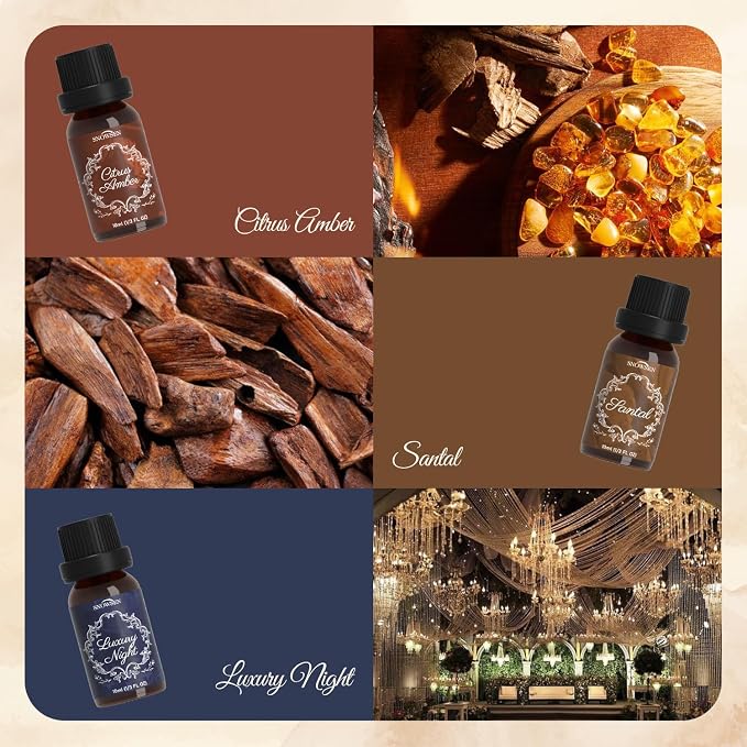 Hotel Essential Oil Set Collection—Santal, Luxury Night, White Tea & Thyme, Gardenia Bloom, Dream Walk, Citrus Amber, Essential Oils for Diffuser, Candle & Soap Making, Fragrance Oils Scents