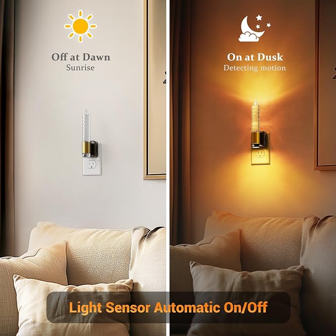 JandCase Night Light, Flameless Candle Amber Night Lights Plug into Wall, Auto On/Off Light Sensor LED Crystal Dimmable Nightlight, 0-100LM Decorative nite Light for Adults Bathroom Hallway, 1Pack