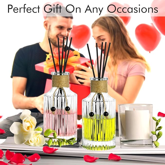Reed Diffuser Bottle Set of 2 Glass Diffuser Bottles 8oz/250ml Empty Clear Decorative Bottle with Stoppers and Reed Sticks Bulk Reusable Perfume Jar
