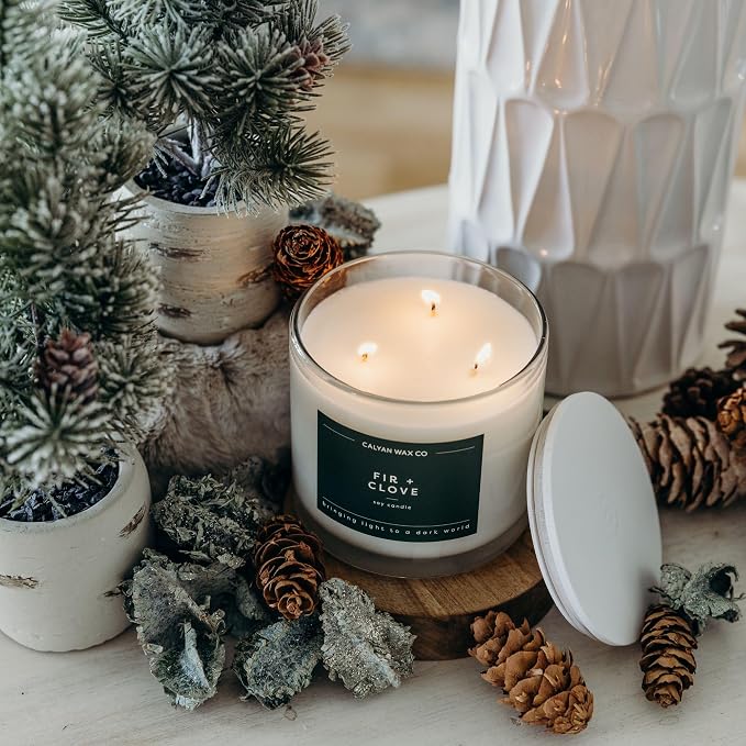 Calyan Wax Co. Fir & Clove 3 Wick Scented Candle - 43 Hour Burn - Luxury 3 Wick Soy Candles - Clean Soy Wax Candles - Long Lasting Large Glass Jar Candle for Home - 14.9oz
