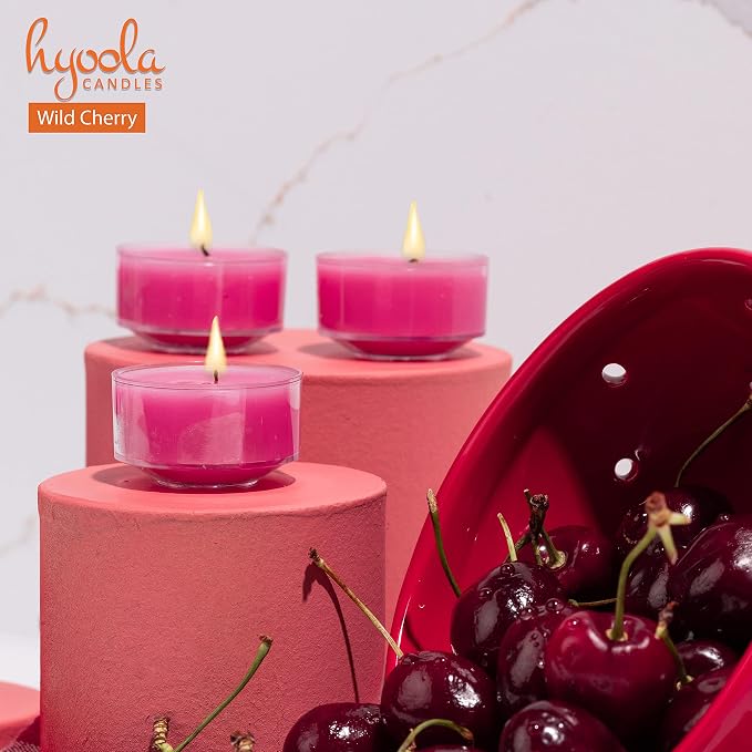 HYOOLA Scented Tealight Candles - Clear Cup - Wildcherry Tealight Candles Scented - 6 Hour Burn Time - 15 Pack - European Made